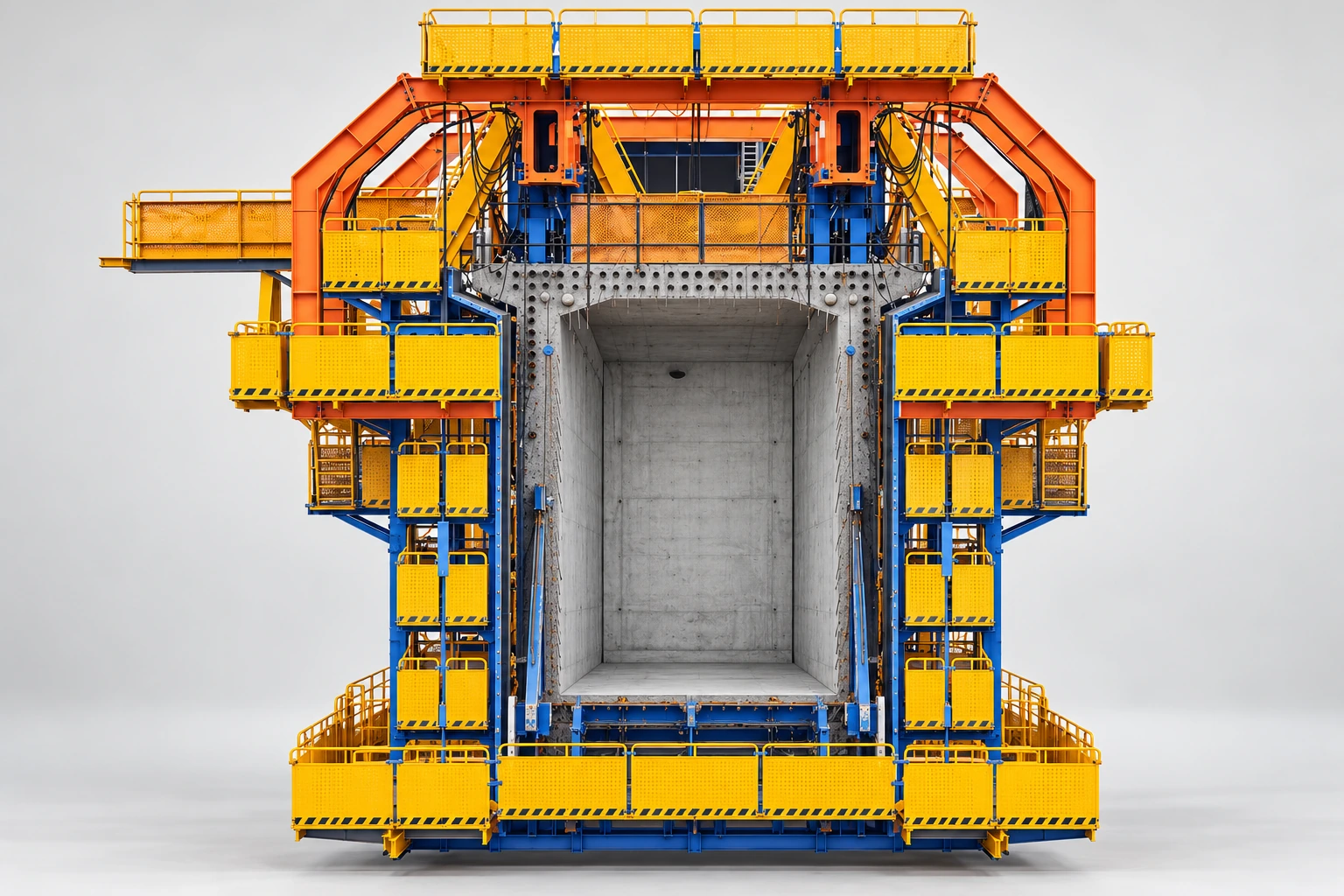 Illustrative front view showing the concrete box-girder opening and the surrounding frame and multiple platform levels