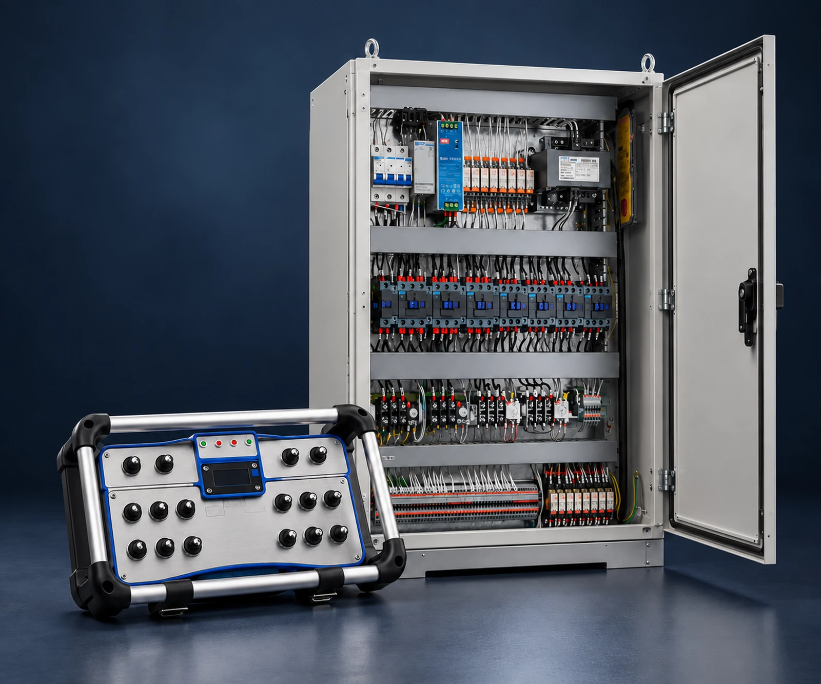 Illustrative rendering of an open electrical control cabinet and a handheld operator controller on a dark blue background
