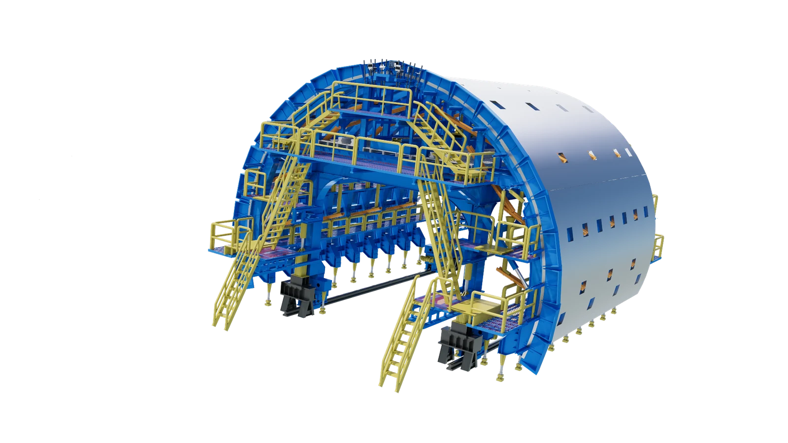 Supplied CAD visual of a tunnel lining trolley with curved formwork, access stairs and working platforms.