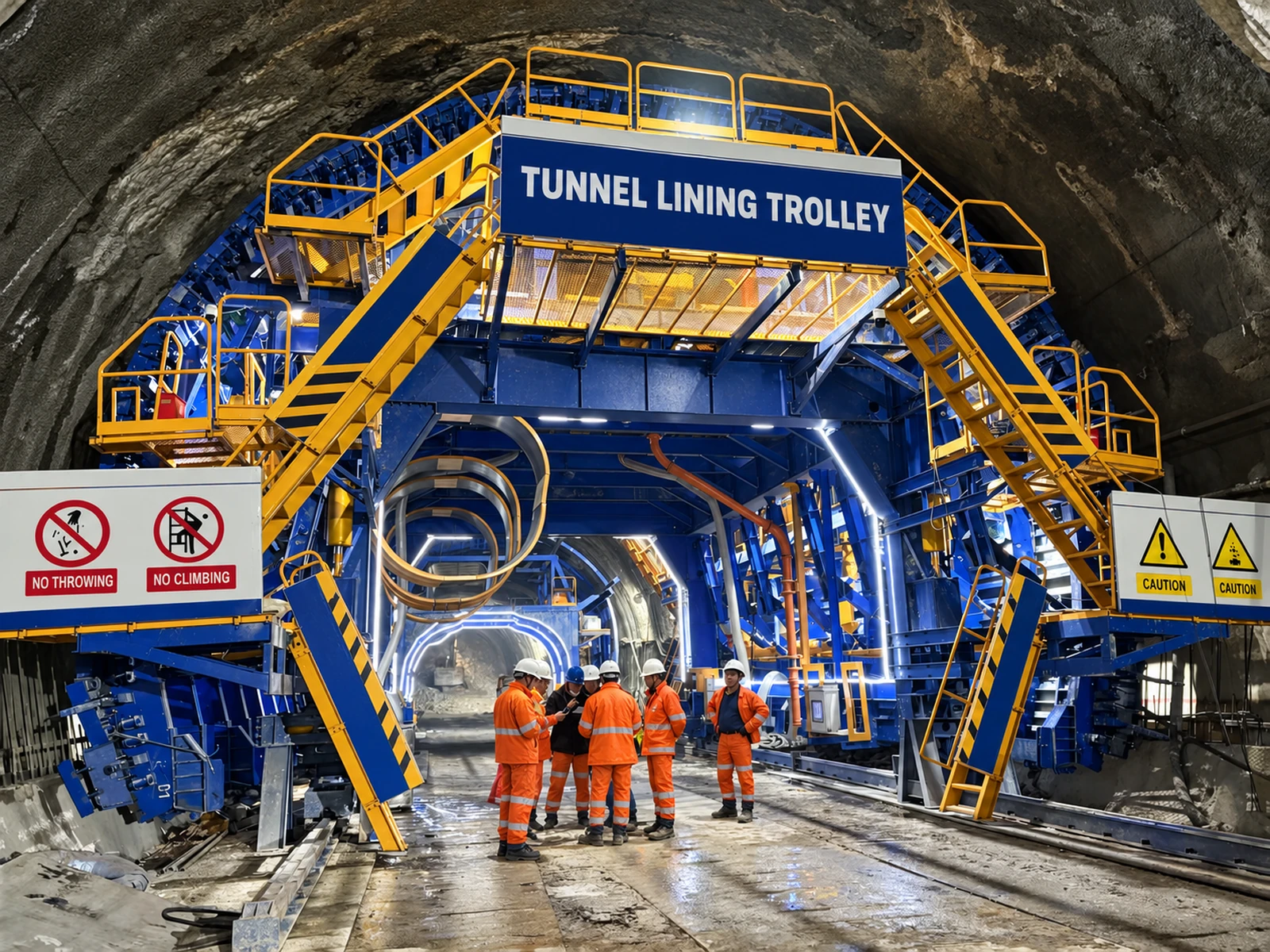 Industrial rendering based on a supplied site photograph, showing a tunnel lining trolley with blue steelwork, yellow platforms and an open central passage.