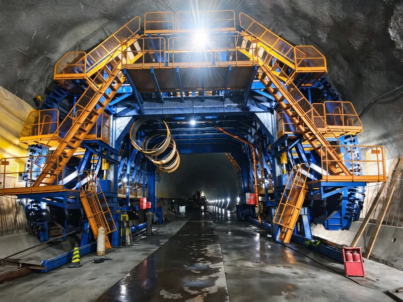 Front view of a lining trolley in a tunnel, showing access stairs, upper platforms, hoses and side rails.
